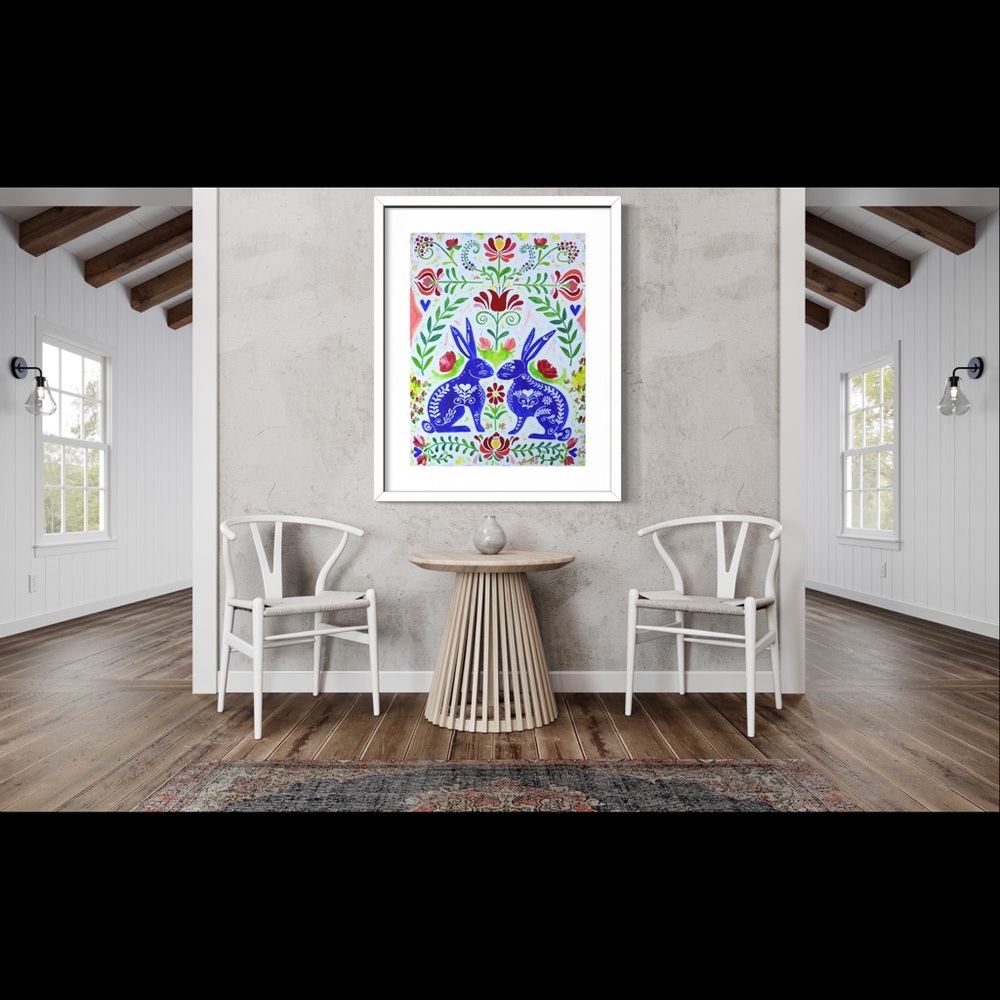 Scandinavian Rabbits Giclée Folk Art Print of Oil Painting Whimsical Rosemaling - Picture 9 of 9
